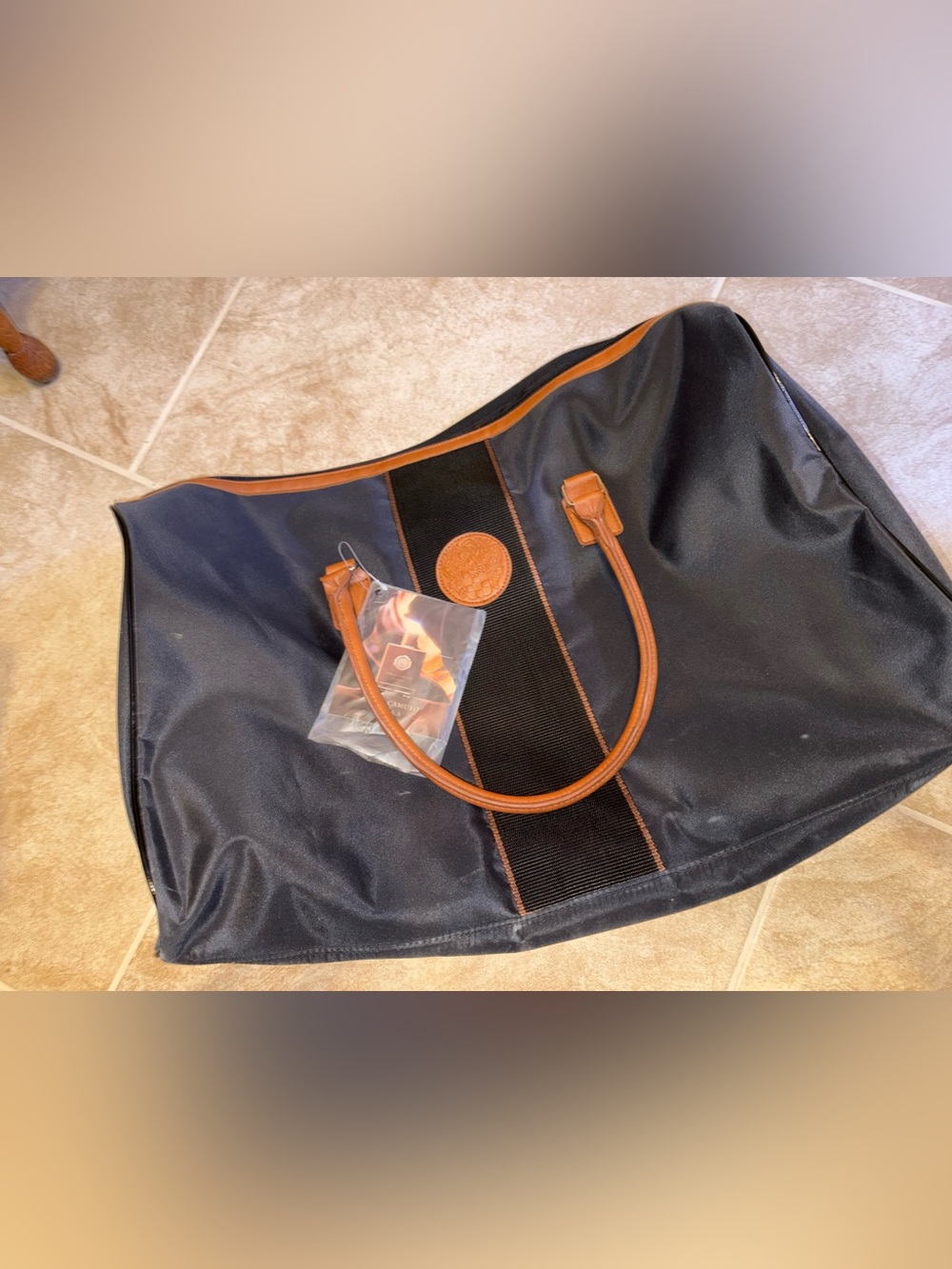 Vince Camuto Black Travel Tote with Brown Trim